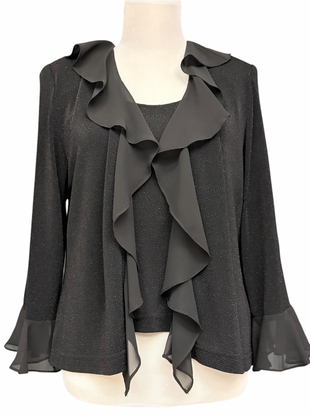 Xscape Joanna Chen Black Shimmer Ruffle Jacket Tank Top Set Petite Large